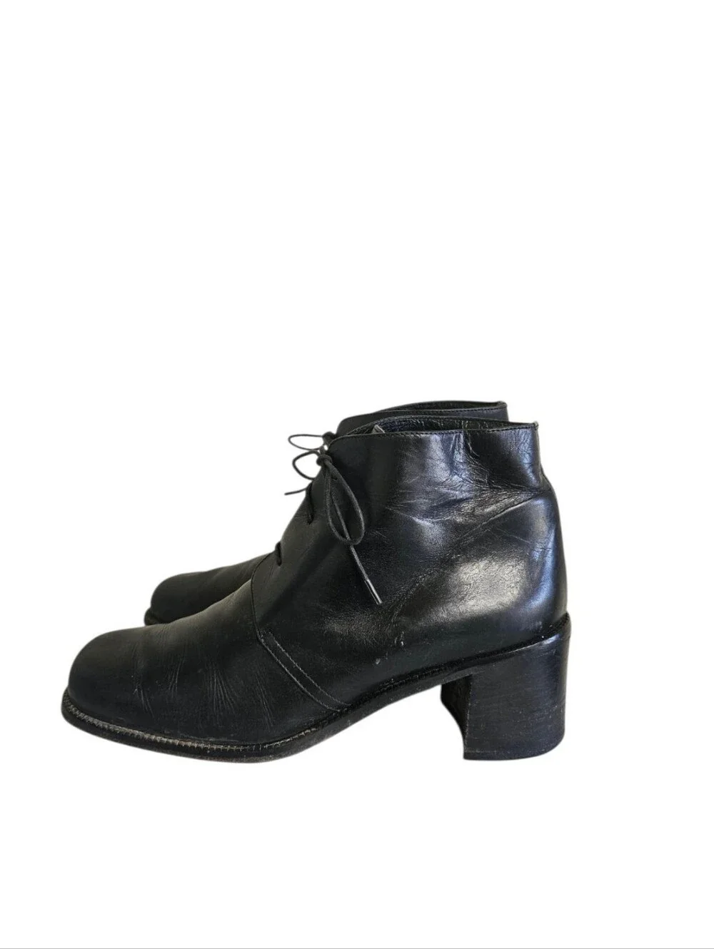Crew Black Leather Square Toe Block Heel Lace Up Ankle Boots 10M Made In Italy